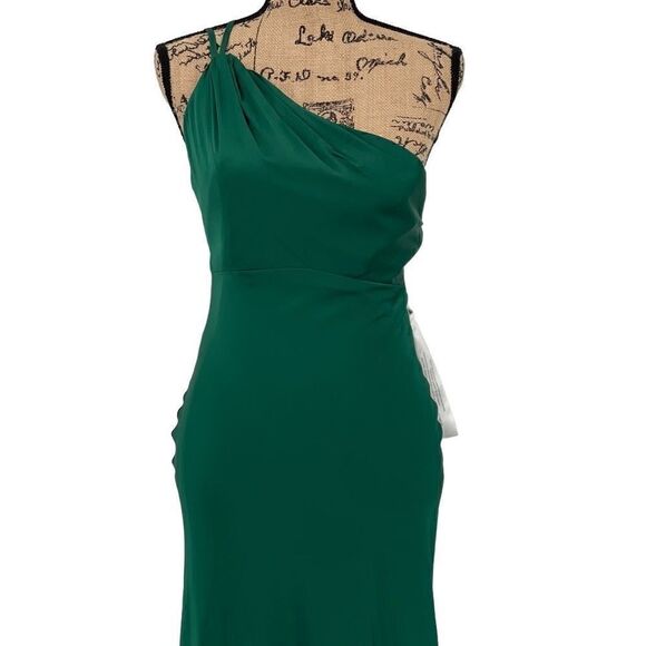 NWOT Ieena For MacDuggal One Shoulder Double Strap Satin Gown Emerald Green 4 - Picture 6 of 14